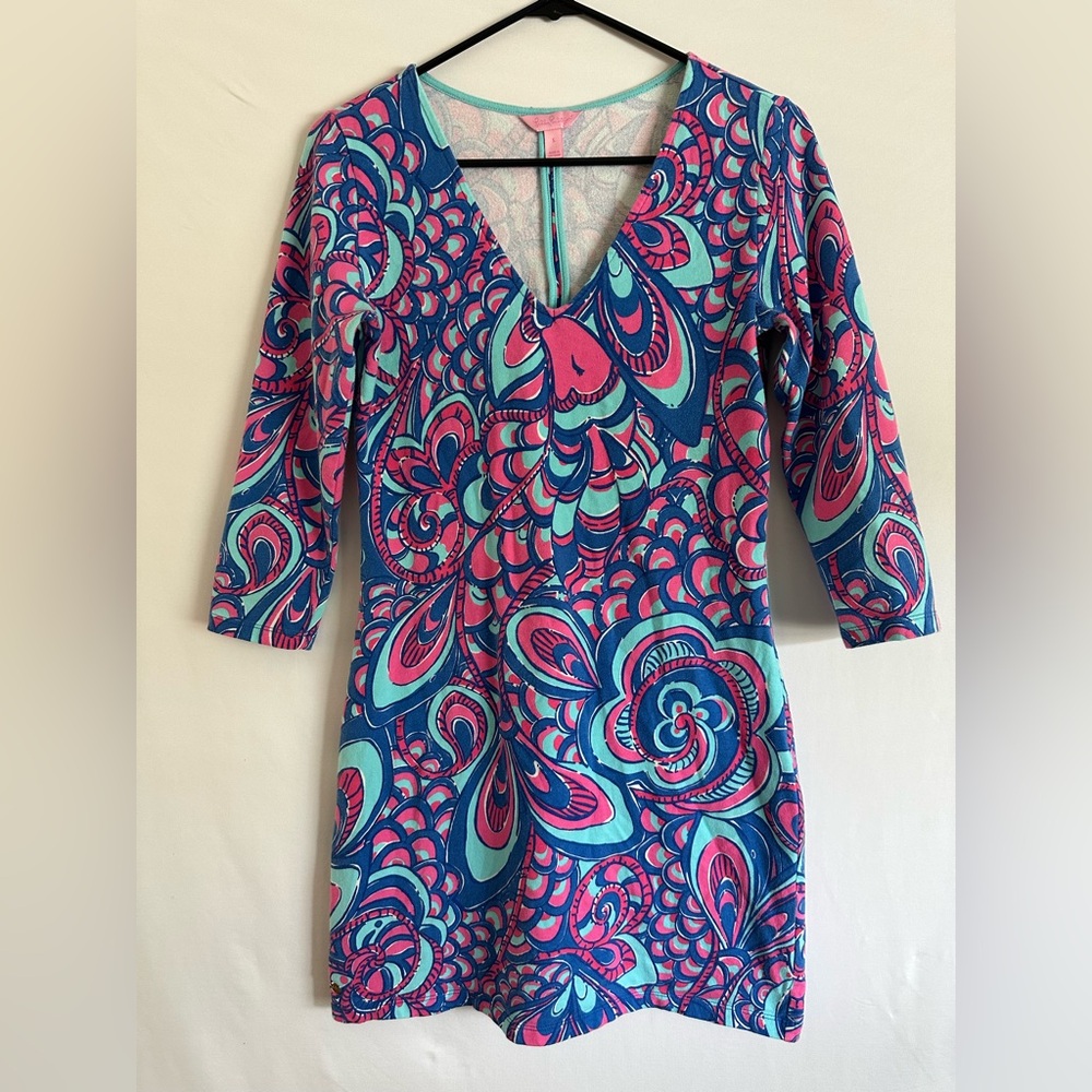 Lilly Pulitzer Clarke Pinks & Blues V Neck 3/4 Sleeve Dress Size S